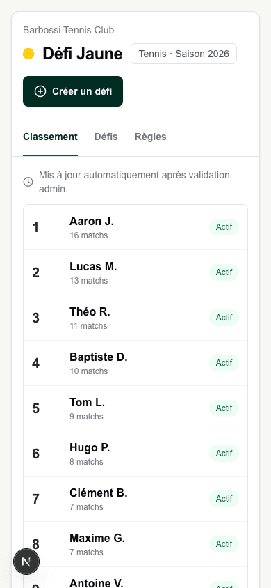 Capture mobile du classement Defi Club